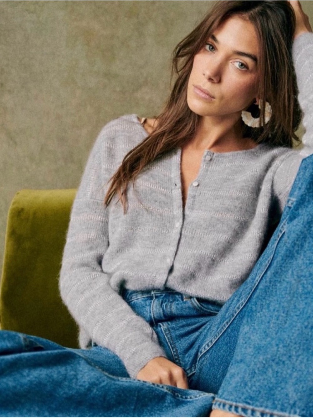 SEZANE gaspard mottled grey with silver stripe button down sweater / cardigan